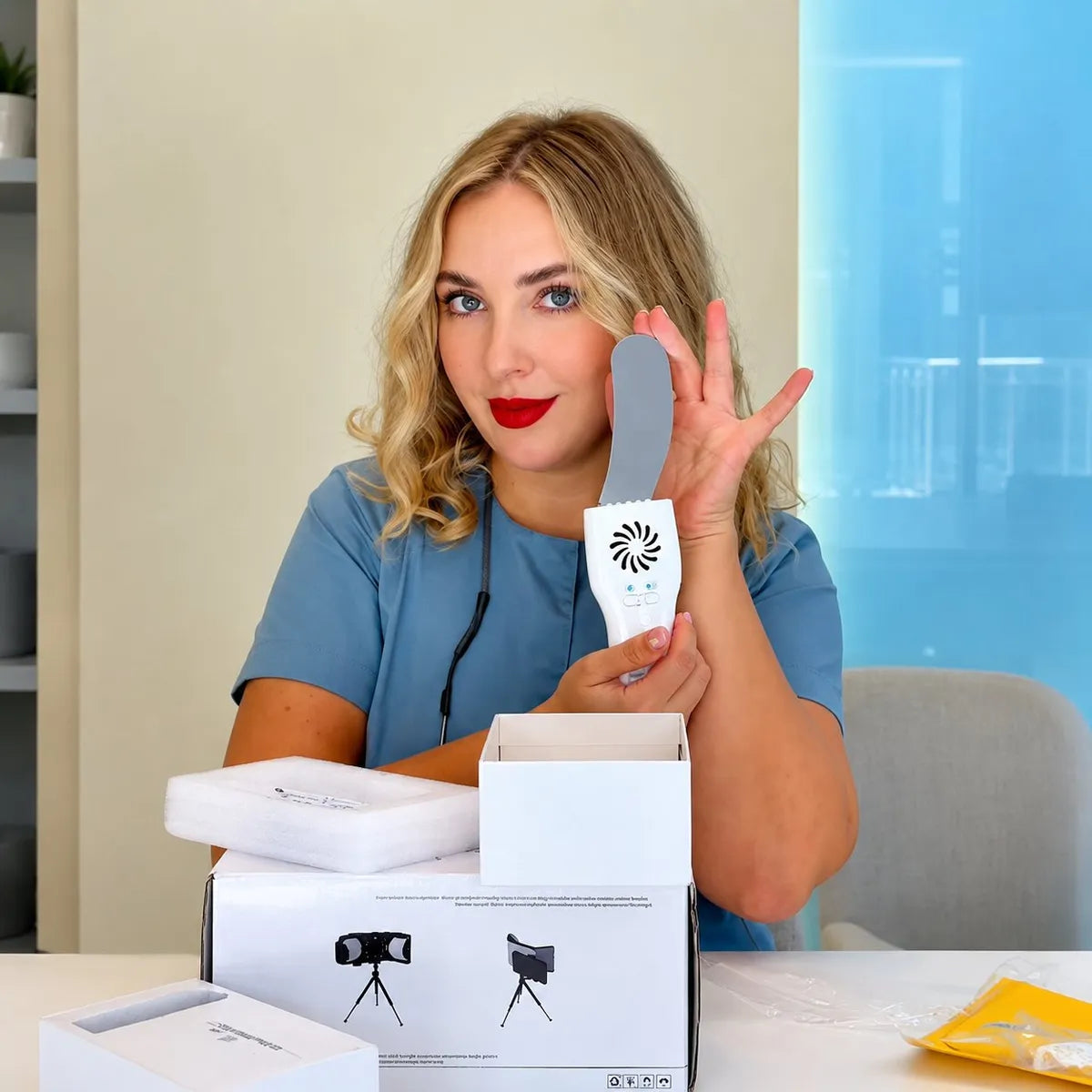 Dentist unboxing the Anti-Fog Mirror System and showing the handle.