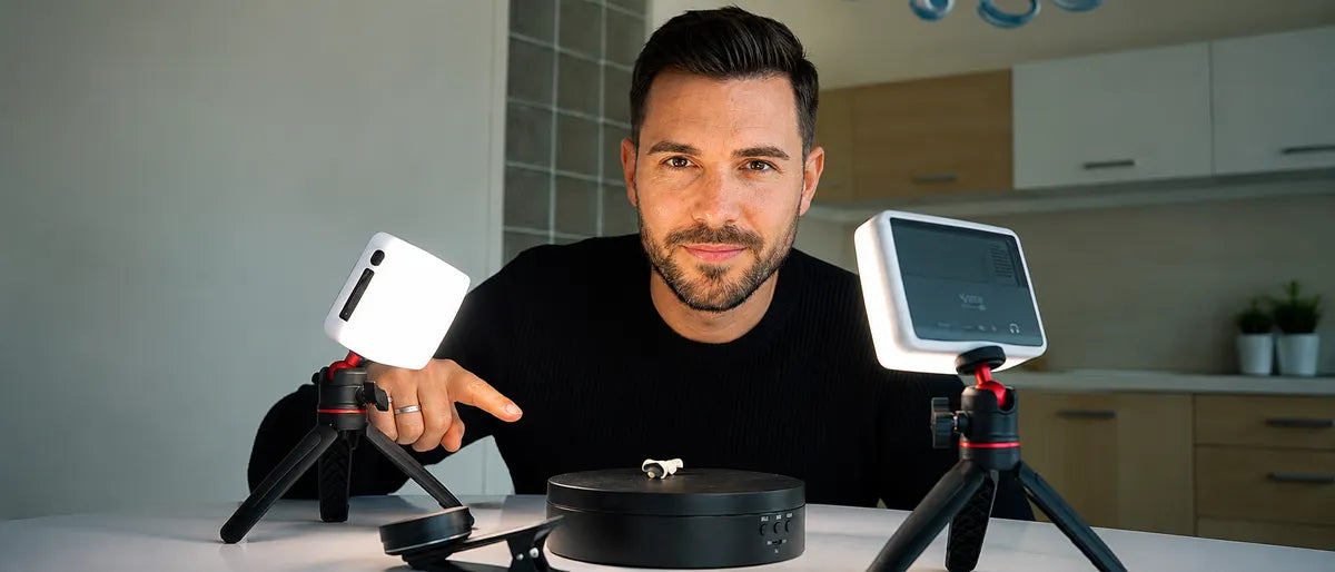 Two dental photography lights on tripods with a turntable for photographing dental work