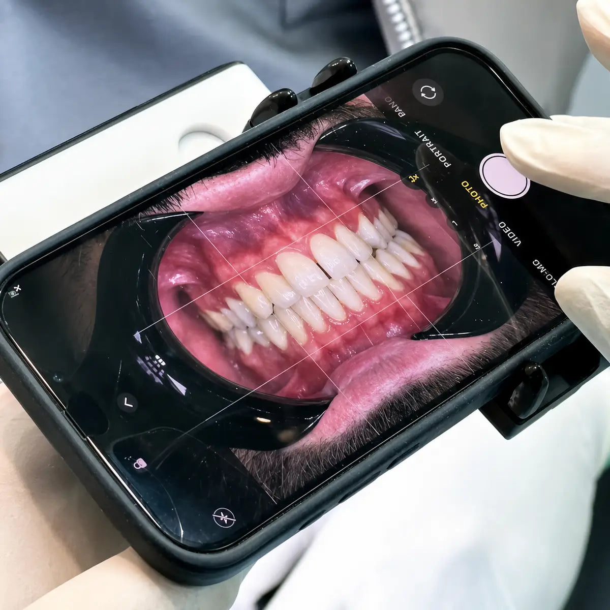 Phone screen showing dental photo taken with a Dental Kits light.