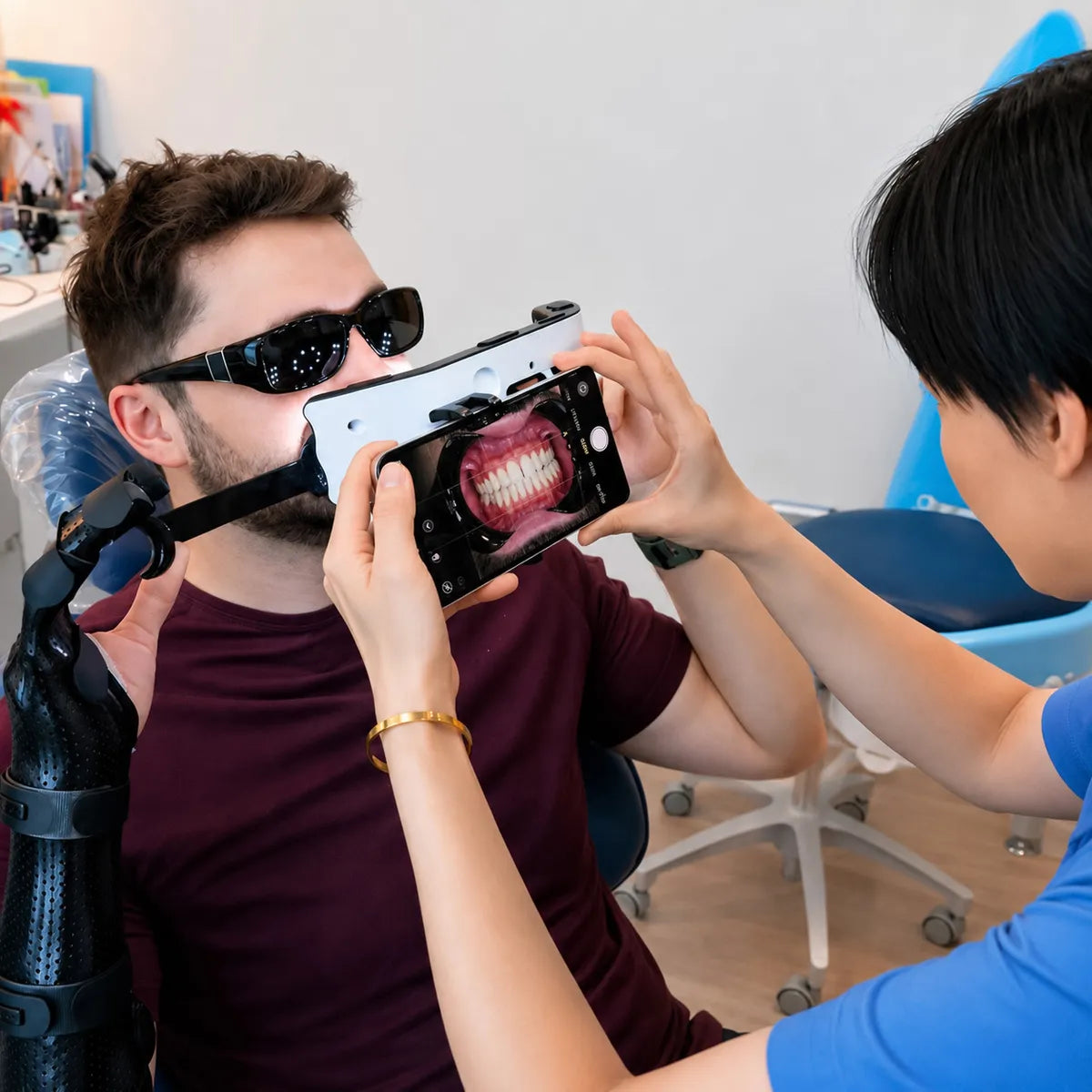 Dentist taking a smartphone dental photo using the Dental Kits photography light.