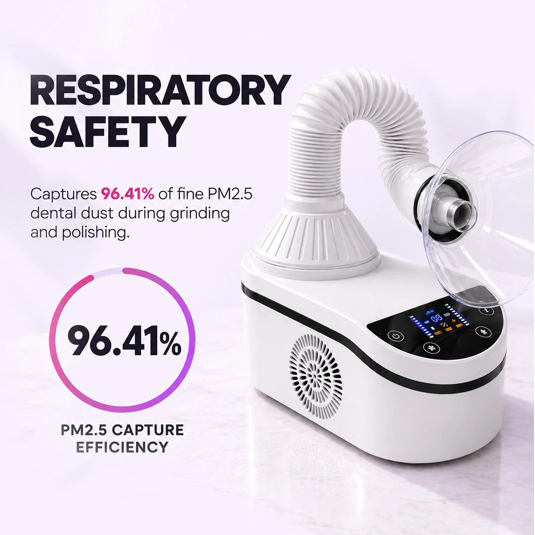 Dental lab dust collector with 96 percent PM2.5 capture efficiency and LED display
