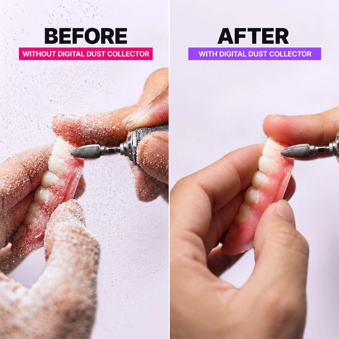 Before and after grinding dust with and without dental lab dust collector
