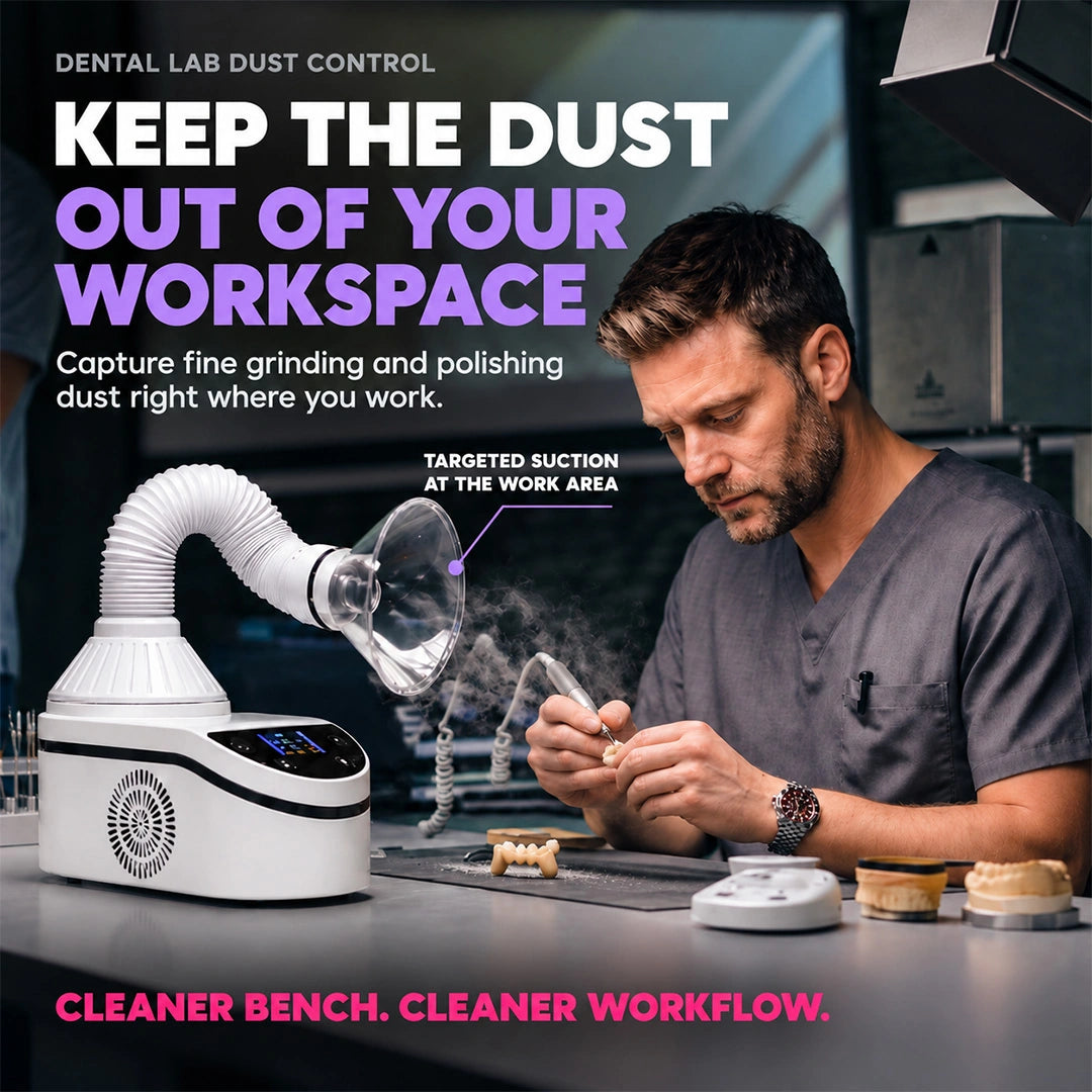 Dental technician grinding prosthetic with dust collector suction hood capturing dust
