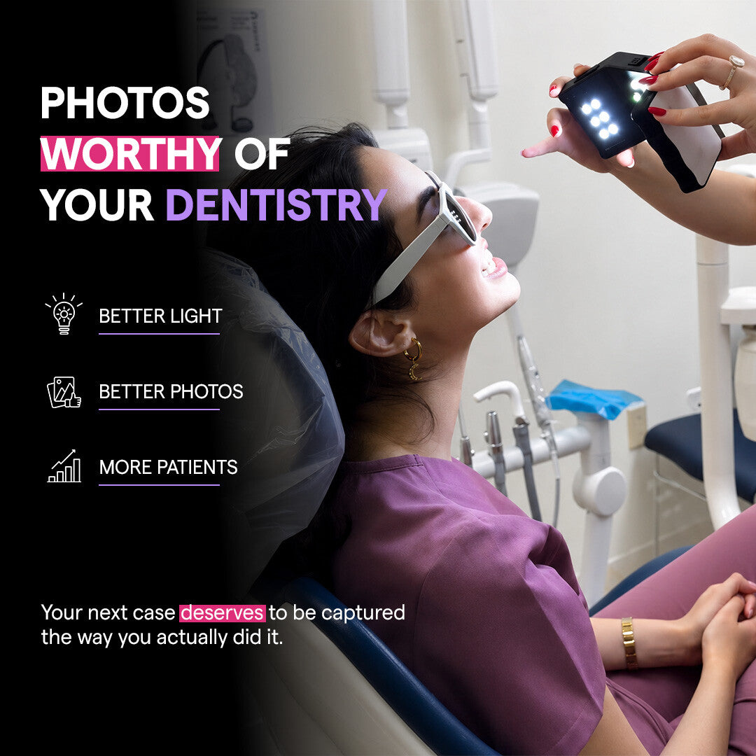 Dental Photography Light held above patient in dental chair