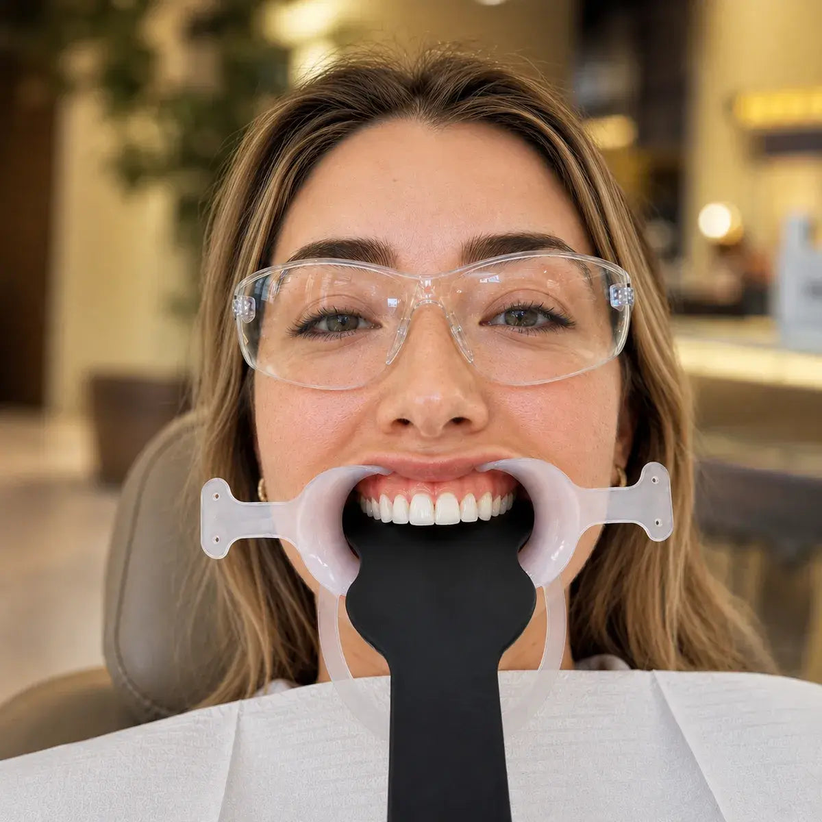 Patient with a retractor and contraster for dental photography.