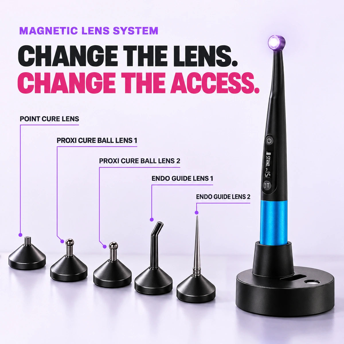 Curing light with five magnetic interchangeable lens tips on charging base