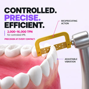 IPR motor with gold diamond strip reciprocating between teeth on jaw model