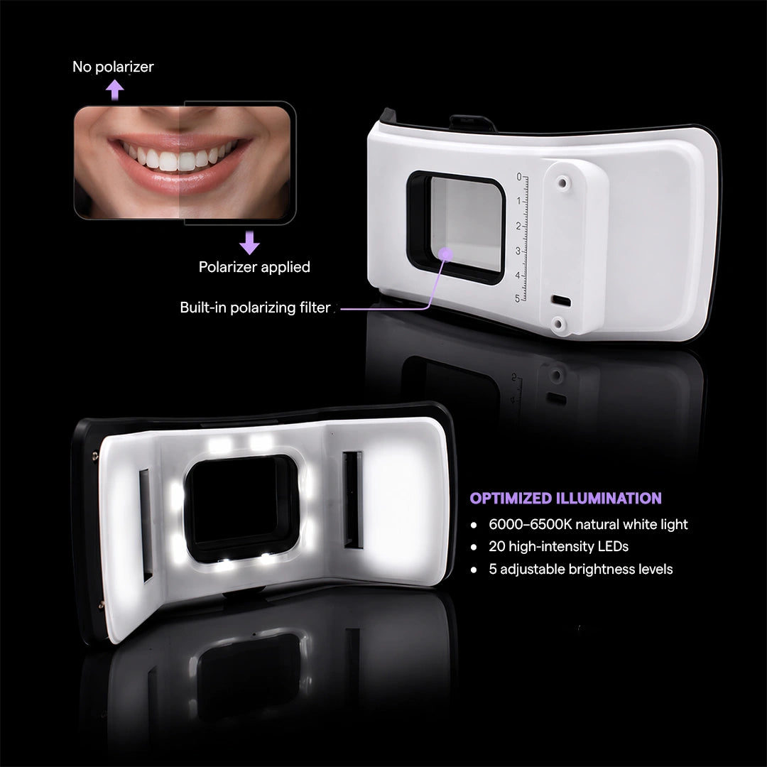 Dental photography light pro with built-in polarizing filter and LED specs.
