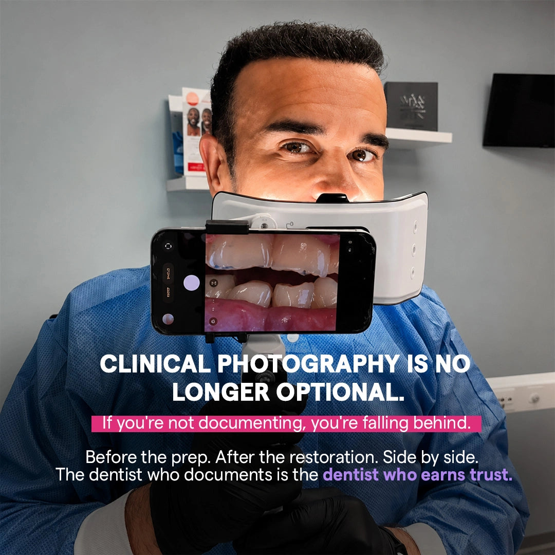 Dentist documenting dental case with polarized photography light and smartphone.