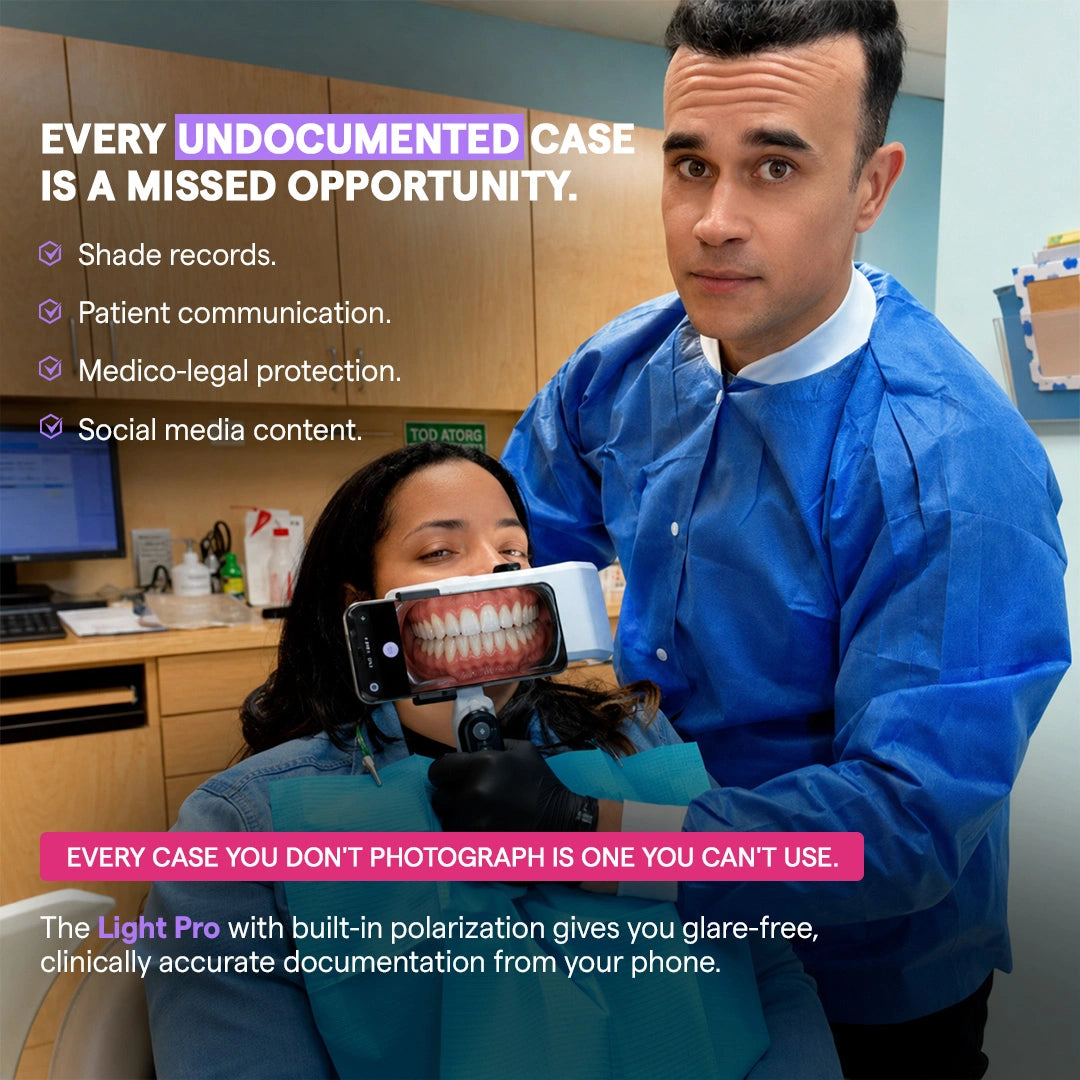 Dentist photographing patient with polarized dental light in clinic.
