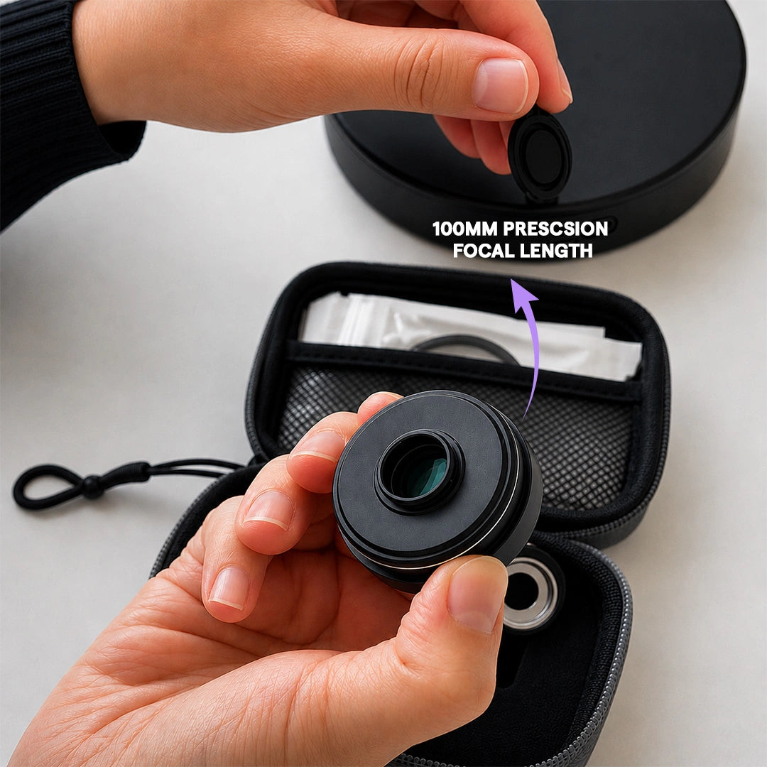 Dental macro lens 100mm held in hand with carrying case and accessories.