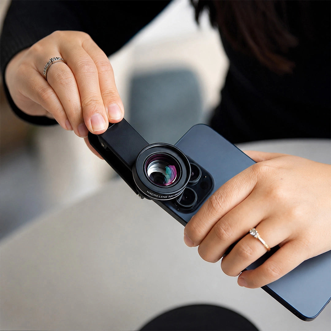Dental macro lens being clipped onto a smartphone for dental photography.