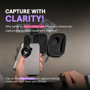 Dental macro lens kit with carrying case and smartphone clip.