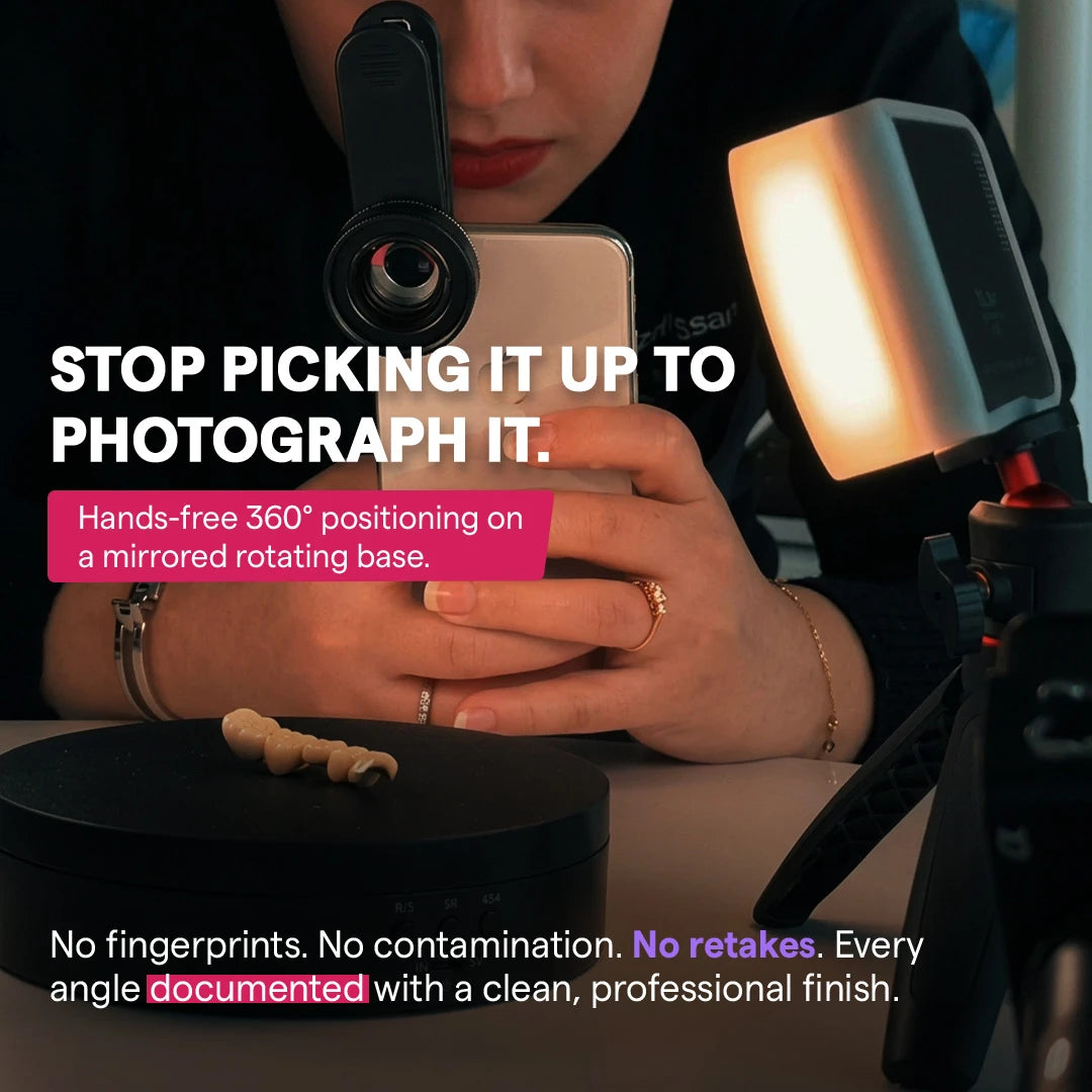 Photographing a dental restoration on a rotating base with a smartphone.