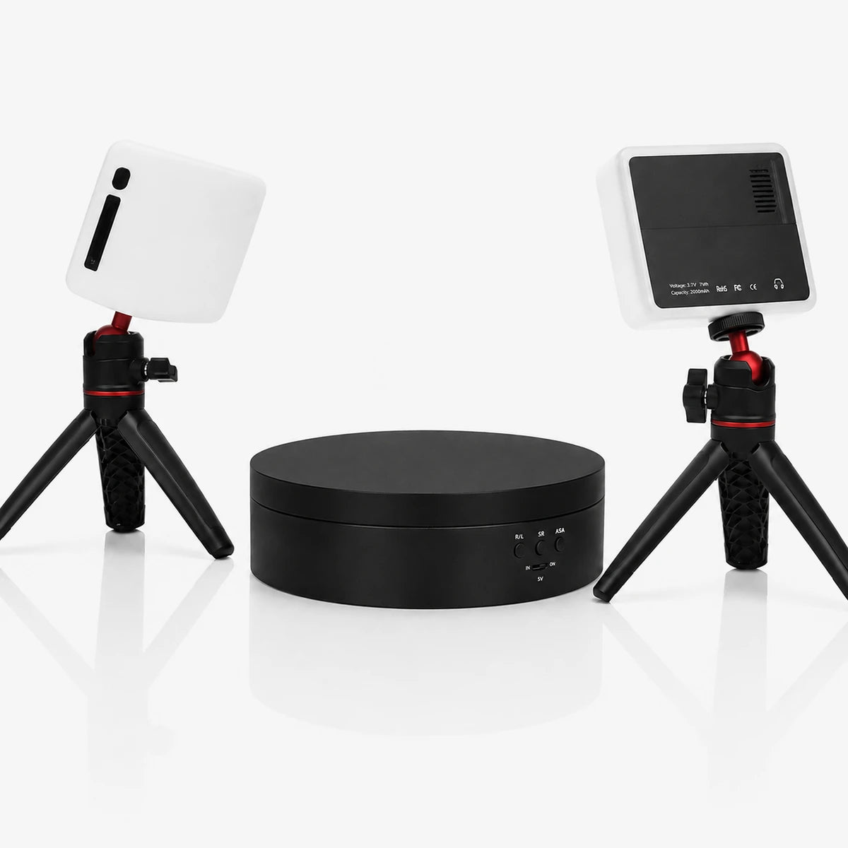Two LED lights on tripods with a rotating base on a white background.