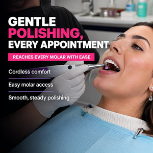Cordless prophy polisher polishing patient molar during dental appointment