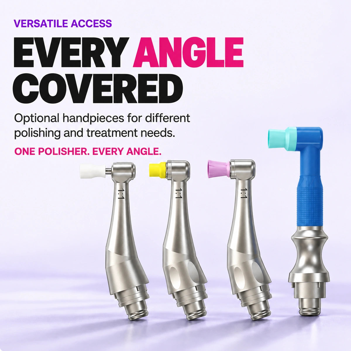 Four prophy polisher contra angle handpieces with white yellow pink and blue cups