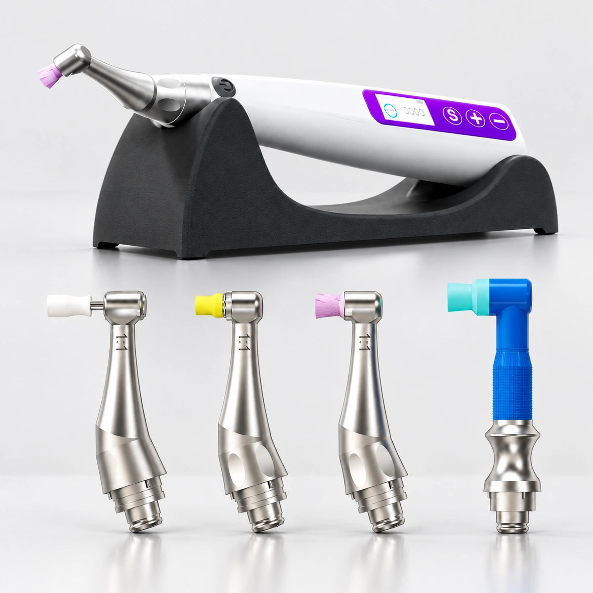 Prophy polisher on holder with four interchangeable contra angle heads