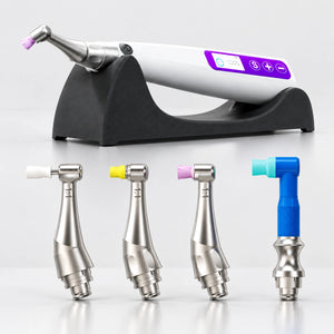 Prophy polisher on holder with four interchangeable contra angle heads