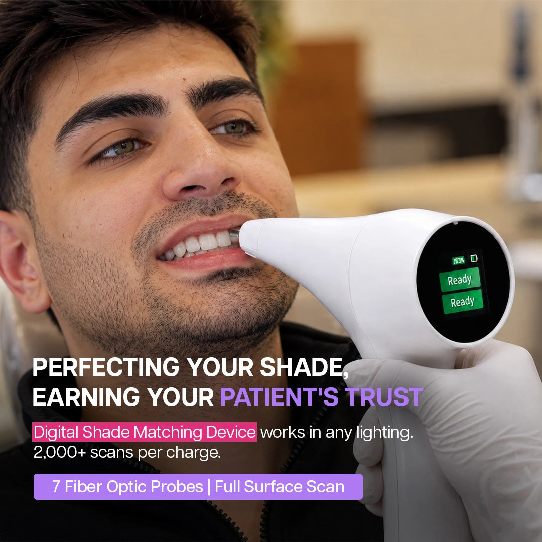 digital shade matching device scanning a patient's tooth shade