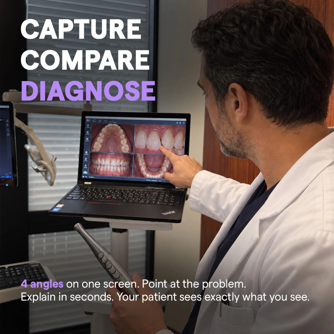 dentist reviewing four-view intraoral images on laptop