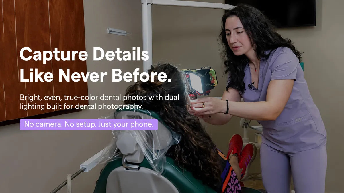 Load video: Dentist photographing a patient's teeth chairside using Twin Light and a smartphone