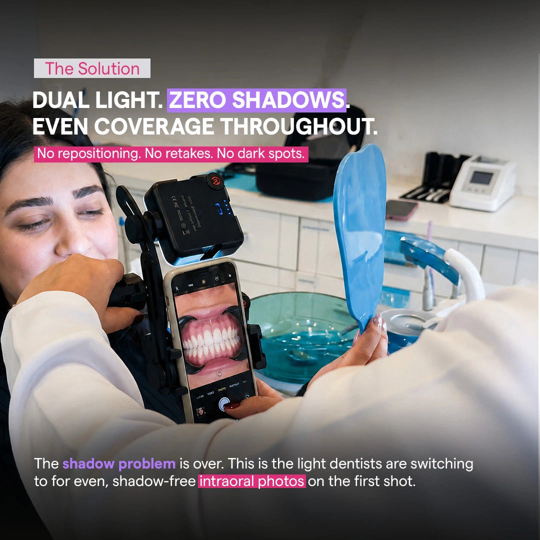 Dentist taking an intraoral photo with dual LED lights on a patient.