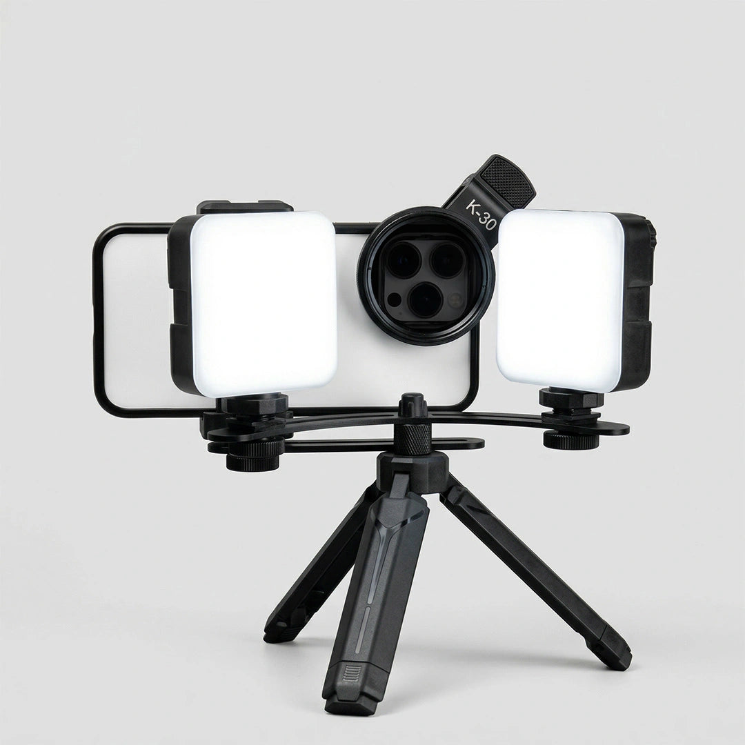 Dental twin light with tripod and CPL filter mounted on a smartphone.