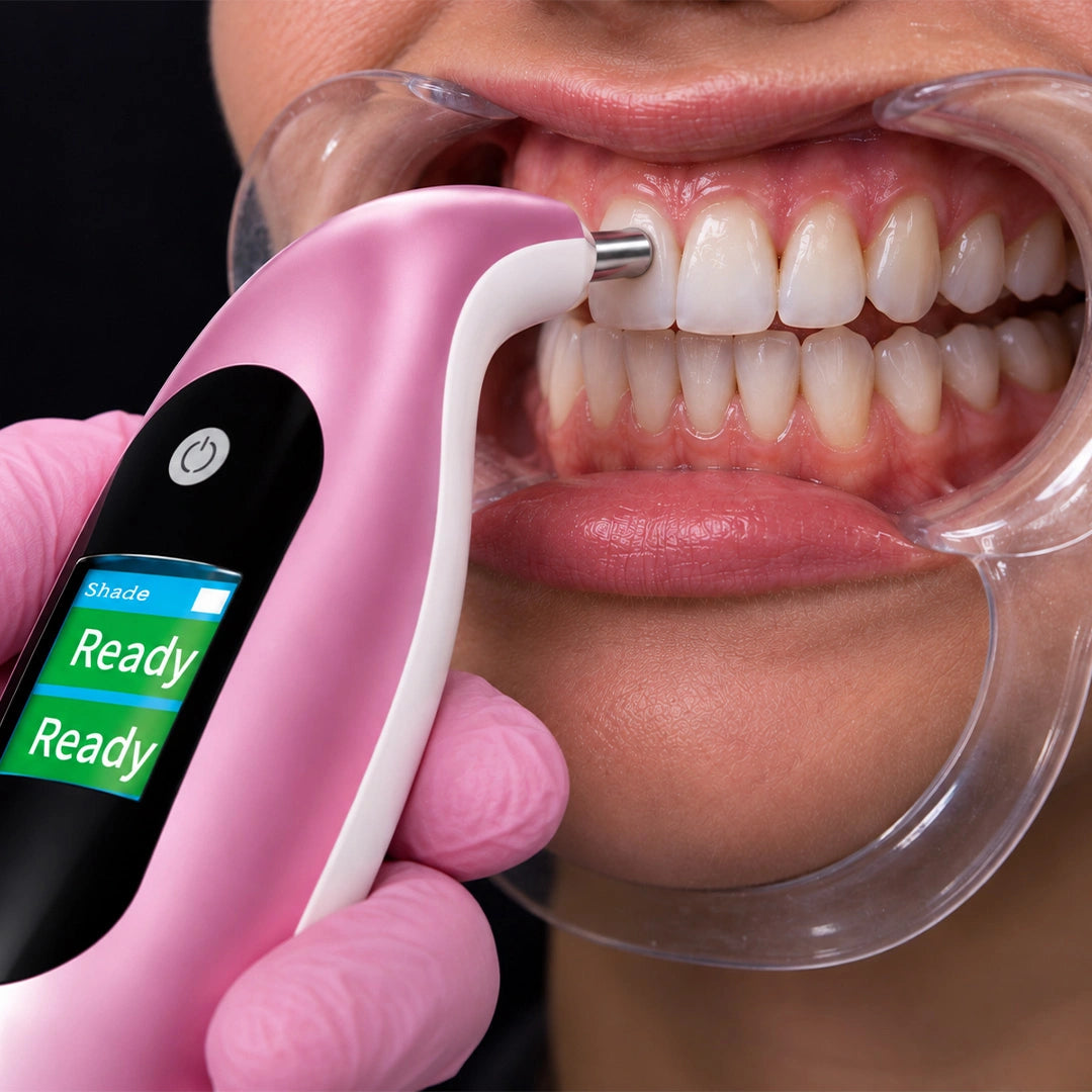 whitening shade analyzer scanning patient teeth close-up